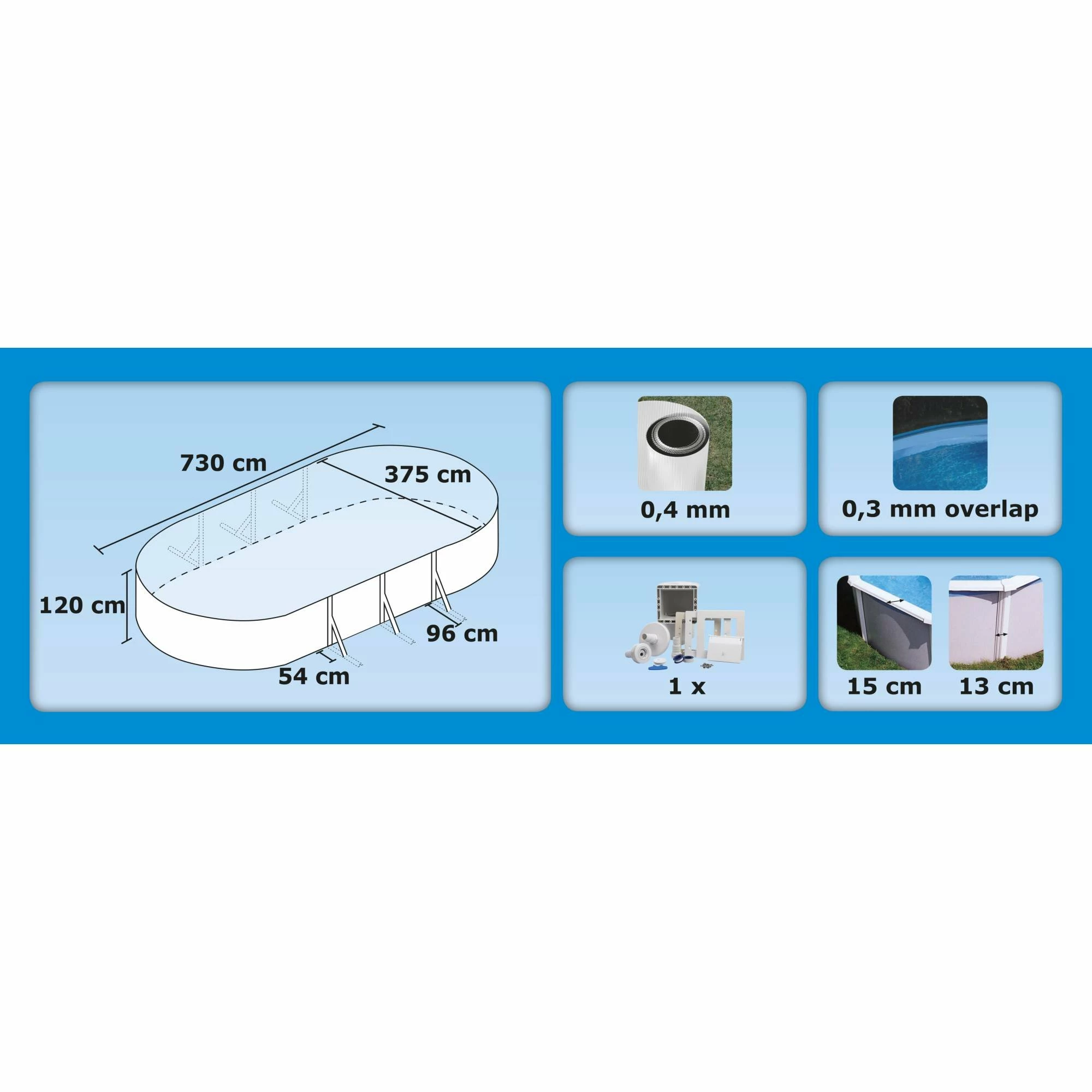Stahlwandpool Ovalform Classic 730x360x120 Cm, Stahl 0,4 Mm Weiß, Folie 0,3 Mm Blau, Overlap 2 Stahlwandpool Ovalform Classic 730x360x120 Cm, Stahl 0,4 Mm Weiß, Folie 0,3 Mm Blau, Overlap – Bild 2