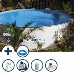 Waterman Stahlwandpool Set (7-teilig) Hoch Rund Sunrise 500 X 120 Cm, Stahl 0,6 Mm Weiß Folie 0,6 Mm Blau