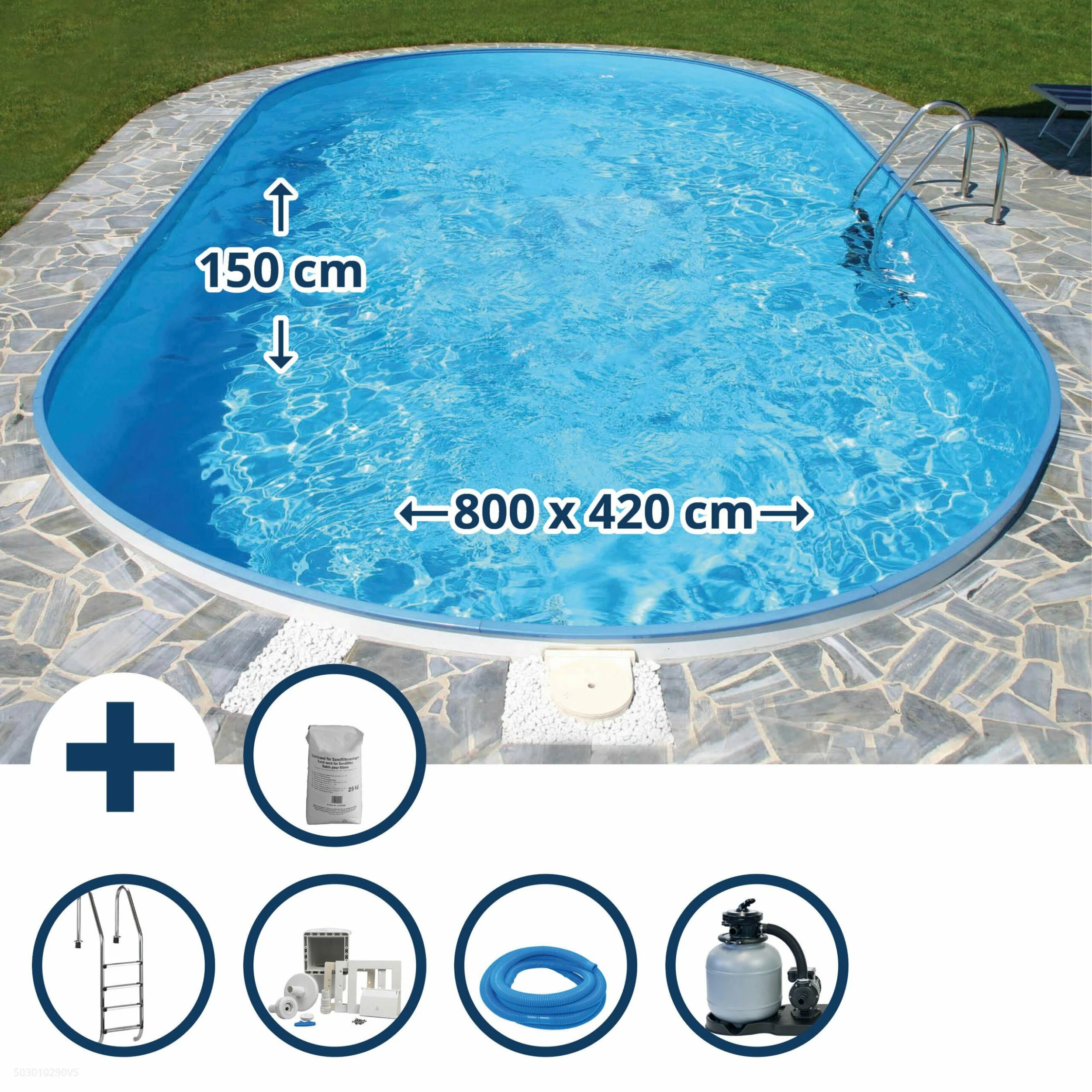 Stahlwandpool Set Oval Flamingo 800x420x150 Cm, Stahl 0,8 Mm Weiß, Folie 0,6 Mm Blau, Einhängebiese 1 Stahlwandpool Set Oval Flamingo 800x420x150 Cm, Stahl 0,8 Mm Weiß, Folie 0,6 Mm Blau, Einhängebiese