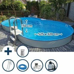 Waterman Stahlwandpool Set (9-teil) Halbhoch Achtform Calypso 525x320x150cm, Stahl 0,8mm Weiß Folie 0,6mm Bl.