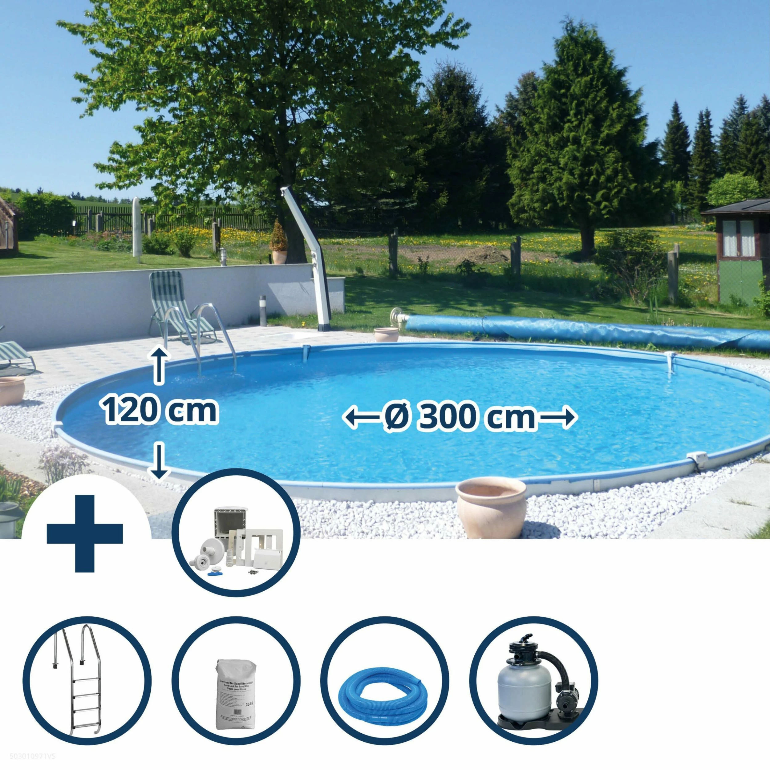Stahlwandpool Set Rund Brasilia 300x120 Cm, Stahl 0,6 Mm Weiß, Folie 0,6 Mm Blau, Einhängebiese 1 Stahlwandpool Set Rund Brasilia 300x120 Cm, Stahl 0,6 Mm Weiß, Folie 0,6 Mm Blau, Einhängebiese