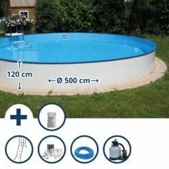 Waterman Stahlwandpool Set (7-teilig) Halbhoch Rund Borneo 500 X 120 Cm, Stahl 0,6 Mm Weiß Folie 0,6 Mm Blau
