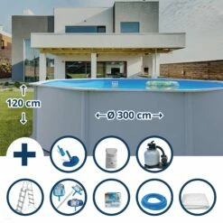 Waterman Stahlwandpool Set (9-teilig) Hoch Rund Eco 300 X 120 Cm, Stahl 0,4 Mm Weiß Folie 0,3 Mm Blau