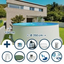 Waterman Stahlwandpool Set (10-teilig) Hoch Rund 350 X 120 Cm, Stahl 0,4 Mm Weiß Folie 0,4 Mm Blau