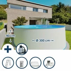 Waterman Stahlwandpool Set (6-teilig) Hoch Rund 300 X 90 Cm, Stahl 0,3 Mm Weiß Folie 0,2 Mm Blau