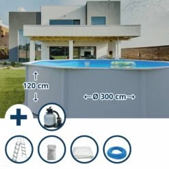 Waterman Stahlwandpool Set (6-teilig) Hoch Rund 300 X 120 Cm, Stahl 0,4 Mm Weiß Folie 0,3 Mm Blau