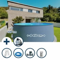 Waterman Stahlwandpool Set (7-teilig) Hoch Rund 450 X 120 Cm, Stahl 0,4 Mm Anthrazit Folie 0,4 Mm Blau