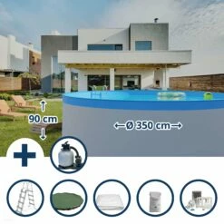 Waterman Stahlwandpool Set (8-teilig) Hoch Rund 350 X 90 Cm, Stahl 0,3 Mm Weiß Folie 0,2 Mm Blau