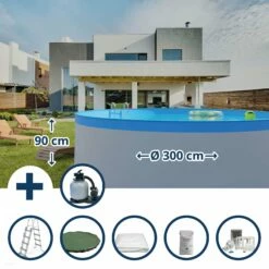 Waterman Stahlwandpool Set (7-teilig) Hoch Rund 300 X 90 Cm, Stahl 0,3 Mm Weiß Folie 0,2 Mm Blau