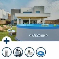 Waterman Stahlwandpool Set (6-teilig) Rund 300 X 90 Cm, Stahl 0,3 Mm Weiß Folie 0,2 Mm Blau