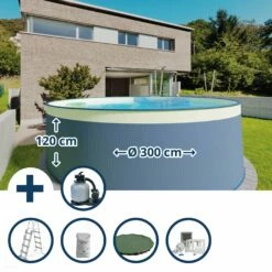Waterman Stahlwandpool Set (6-teilig) Hoch Rund 300 X 120 Cm, Stahl 0,4 Mm Anthrazit Folie 0,2 Mm Sand