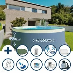 Waterman Stahlwandpool Set (10-teilig) Hoch Rund 300 X 120 Cm, Stahl 0,4 Mm Anthrazit Folie 0,2 Mm Sand
