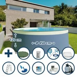 Waterman Stahlwandpool Set (10-teilig) Hoch Rund 450 X 120 Cm, Stahl 0,4 Mm Anthrazit Folie 0,3 Mm Sand