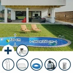 Waterman Stahlwandpool Set (6-teilig) Tief Achtform 540 X 350 X 120 Cm, Stahl 0,4 Mm Weiß Folie 0,4 Mm Blau