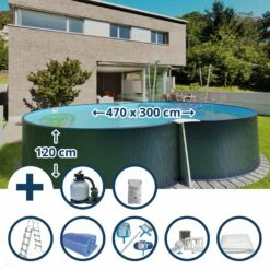 Waterman Stahlwandpool Set (8-teilig) Hoch Achtform 470x300x120 Cm, Stahl 0,4 Mm Anthrazit Folie 0,4 Mm Blau