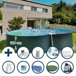 Waterman Stahlwandpool Set (10-teilig) Hoch Achtform 540x350x120 Cm, Stahl 0,4 Mm Anthrazit Folie 0,4 Mm Blau