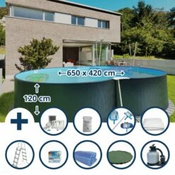 Waterman Stahlwandpool Set (10-teilig) Hoch Achtform 650x420x120 Cm, Stahl 0,4 Mm Anthrazit Folie 0,4 Mm Blau