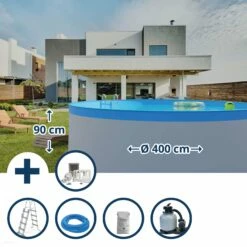 Waterman Stahlwandpool Set (6-teilig) Hoch Rund 400 X 90 Cm, Stahl 0,3 Mm Weiß Folie 0,2 Mm Blau