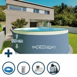 Waterman Stahlwandpool Set (5-teilig) Rund 300 X 120 Cm, Stahl 0,4 Mm Anthrazit Folie 0,2 Mm Sand