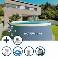 Waterman Stahlwandpool Set (6-teilig) Hoch Rund 350 X 90 Cm, Stahl 0,3 Mm Anthrazit Folie 0,2 Mm Sand