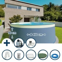 Waterman Stahlwandpool Set (8-teilig) Hoch Rund 450 X 90 Cm, Stahl 0,3 Mm Anthrazit Folie 0,2 Mm Sand