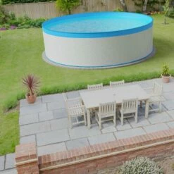 Stahlwandpool Set Rund Almeria 350x120 Cm, Stahl 0,4 Mm Weiß, Folie 0,3 Mm Blau, Overlap -Deutschland Schwimmbad Verkaufs-Shop Planet Pool Stahlwandpool weiss blau overlap OS 02 5