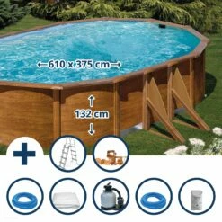 GRE Stahlwandpool Set (7-teilig) Hoch Oval 610 X 375 X 132 Cm, Stahl 0,45 Mm Holzoptik Folie 0,4 Mm Blau
