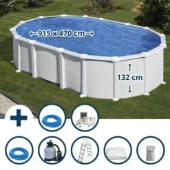 GRE Stahlwandpool Set (7-teilig) Hoch Oval High Line 915x470x132 Cm, Stahl 0,45mm Weiß Folie 0,4mm Blau