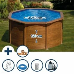 GRE Stahlwandpool Set (5-teilig) Hoch Rund 240 X 120 Cm , Stahl 0,45 Mm Holzoptik Folie 0,3 Mm Blau