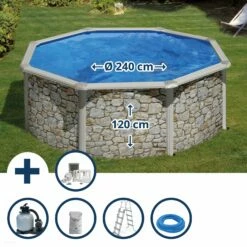 GRE Stahlwandpool Set (5-teilig) Hoch Rund 240 X 120 Cm, Stahl 0,45 Mm Steinoptik Folie 0,3 Mm Blau