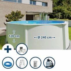 GRE Stahlwandpool Set (5-teilig) Hoch Rund Classic 240 X 120 Cm, Stahl 0,45 Mm Weiß Folie 0,3 Mm Blau