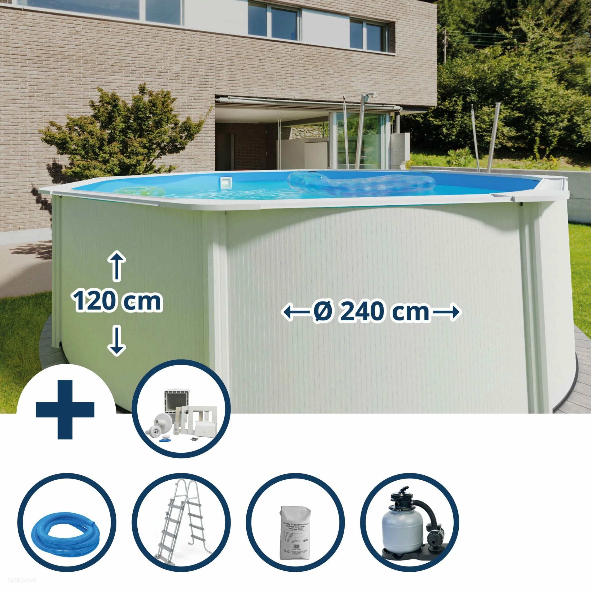 GRE Stahlwandpool Set (5-teilig) Hoch Rund Classic 240 X 120 Cm, Stahl 0,45 Mm Weiß Folie 0,3 Mm Blau 1 GRE Stahlwandpool Set (5-teilig) Hoch Rund Classic 240 X 120 Cm, Stahl 0,45 Mm Weiß Folie 0,3 Mm Blau