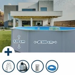 Waterman Stahlwandpool Set Rund 300x120 Cm, Stahl 0,45 Mm Weiß, Folie 0,3 Mm Blau, Overlap