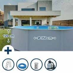 Stahlwandpool Set (5-teilig) Hoch Rund Classic 350 X 120 Cm, Stahl 0,4 Mm Weiß Folie 0,3 Mm Blau