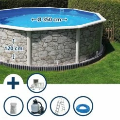 GRE Stahlwandpool Set (6-teilig) Hoch Rund 350 X 120 Cm, Stahl 0,45 Mm Steinoptik Folie 0,3 Mm Blau