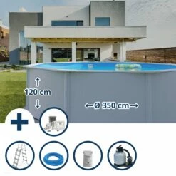 GRE Stahlwandpool Set (5-teilig) Hoch Rund Classic 350 X 120 Cm, Stahl 0,45 Mm Weiß Folie 0,3 Mm Blau