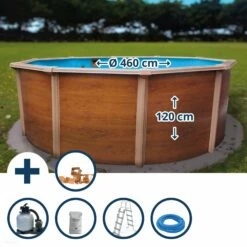 Waterman Stahlwandpool Set (5-teilig) Rund Classic 460x120cm, Stahl 0,45mm Holzoptik, Folie 0,3mm Blau, Overlap