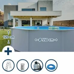 Stahlwandpool Set (5-teilig) Hoch Rund Classic 550 X 120 Cm, Stahl 0,4 Mm Weiß Folie 0,3 Mm Blau