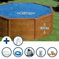 GRE Stahlwandpool Set (6-teilig) Hoch Rund 550 X 132 Cm, Stahl 0,45 Mm Holzoptik Folie 0,4 Mm Blau